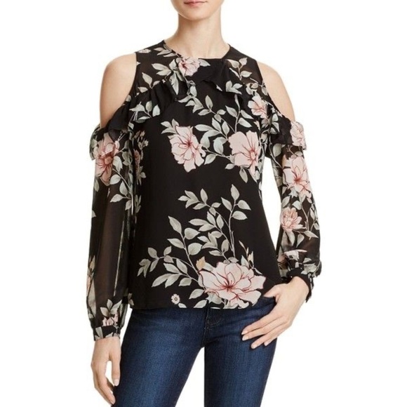 GUESS Adler Black Floral Cold Shoulder Ruffle Trim Long Sleeve Blouse Size Large - Picture 6 of 6